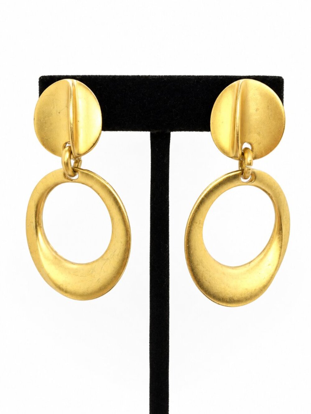 VINTAGE GOLD TON Earrings Clip On Sculptural Hoop Dangle Modernist Statement